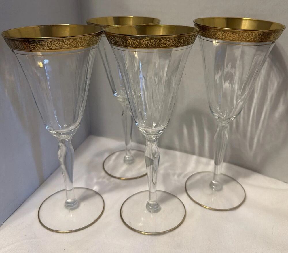 4 Vintage Tiffin Franciscan Rambler Rose Optic Gold Water Crystal Goblets 8.5”